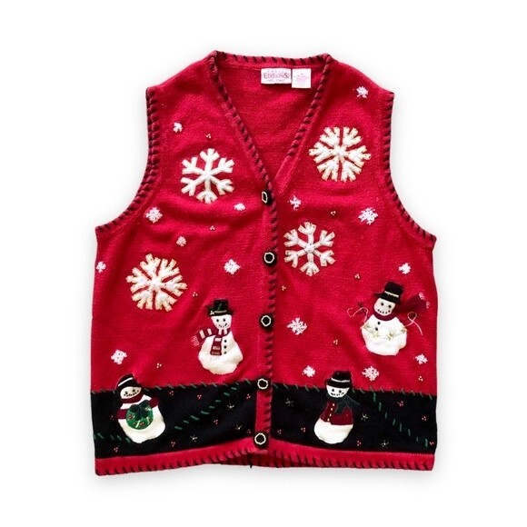 Vintage Basic Editions Holiday Christmas Red Sweater Vest Snowman Snowflake 1X - Picture 1 of 3